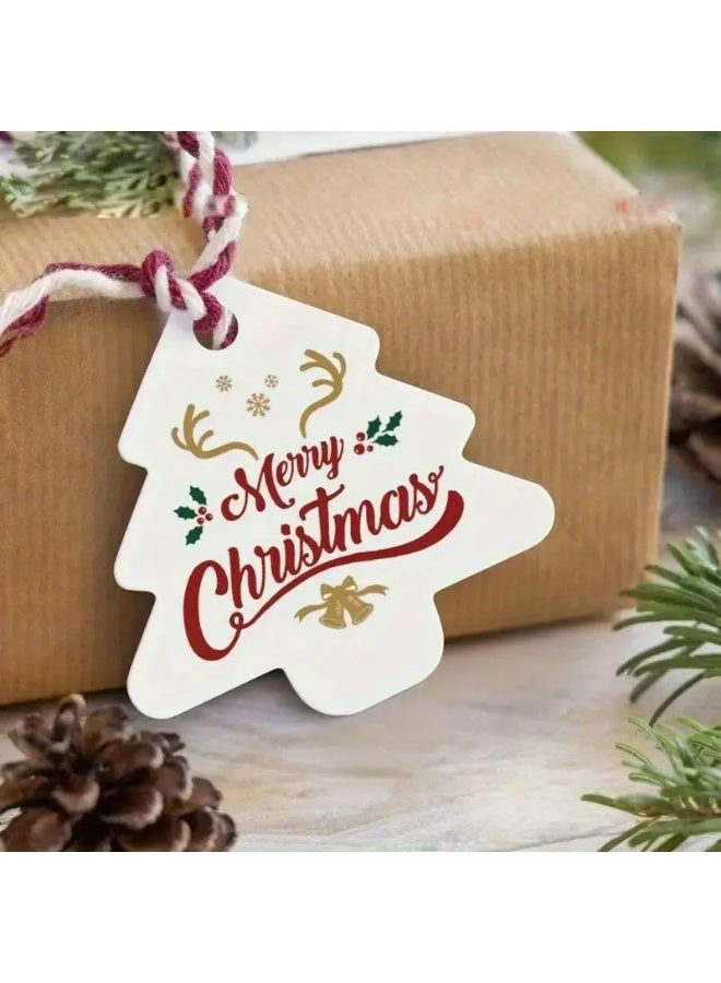 Kandid بطاقات هدايا عيد الميلاد، ملصقات ورقية كرافت بتصاميم سانتا، ديكور حفلات العطلات مع شريط، 50 قطعة (بطاقة شجرة بيضاء) - Image 1