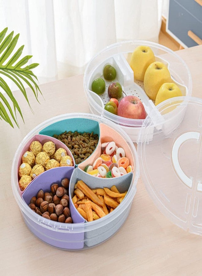 Mimeile Circle Fruit Tray Separable Snacks Bowl Nut Food Candy Picnic Salad Storage Containers Plastic Platter Divided Serving Tray Portable 5 Compartments with Lid - Image 3