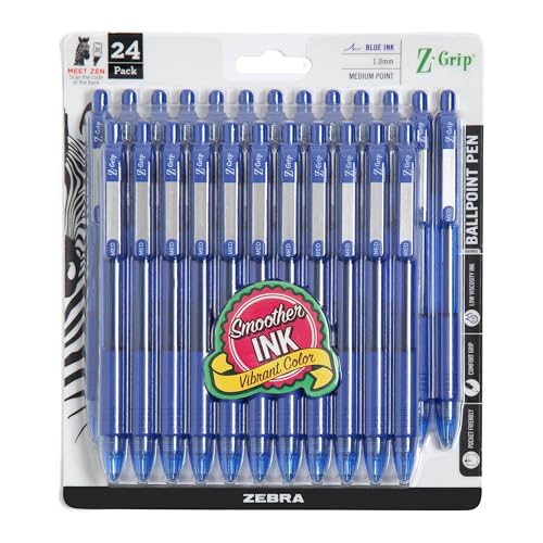Zebra Pen قلم زيبرا زجرِب القابل للسحب بقلم حبر جاف أزرق بسُمك 10 مم للمدرسة وللمعلمين وللإمدادات المكتبية 24 قطعة 12225