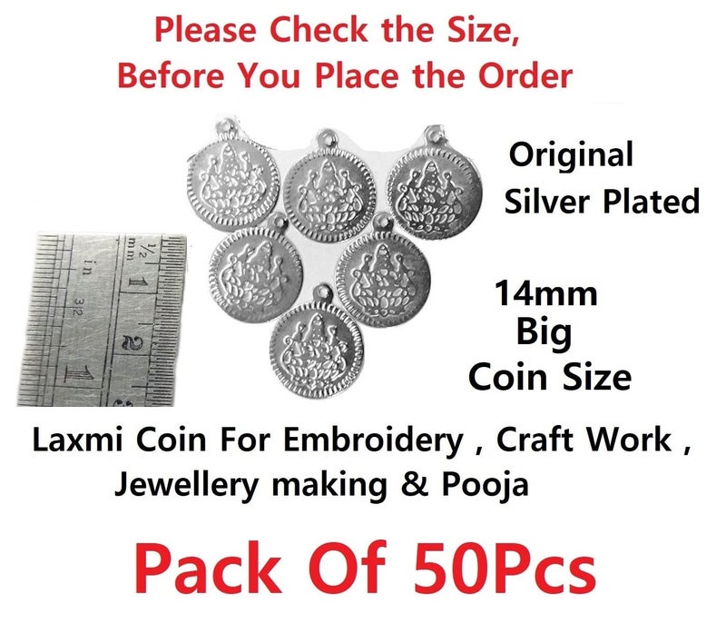 Vama Fashions White Laxmi Lakshmi Kasu Coin for Jewellery Making Embroidery aari Work & Pooja (Small Silver laxmi Coins 108) - Image 2