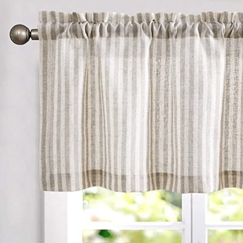 Kitchen Valance Linen Blend Stripe Short Curtain Farmhouse Country Rustic Pinstripe Tickingstripe Light Filtering Rod Pocket Window Topper Treatment 18 Inch 1 Panel Grey on Beige - Image 1
