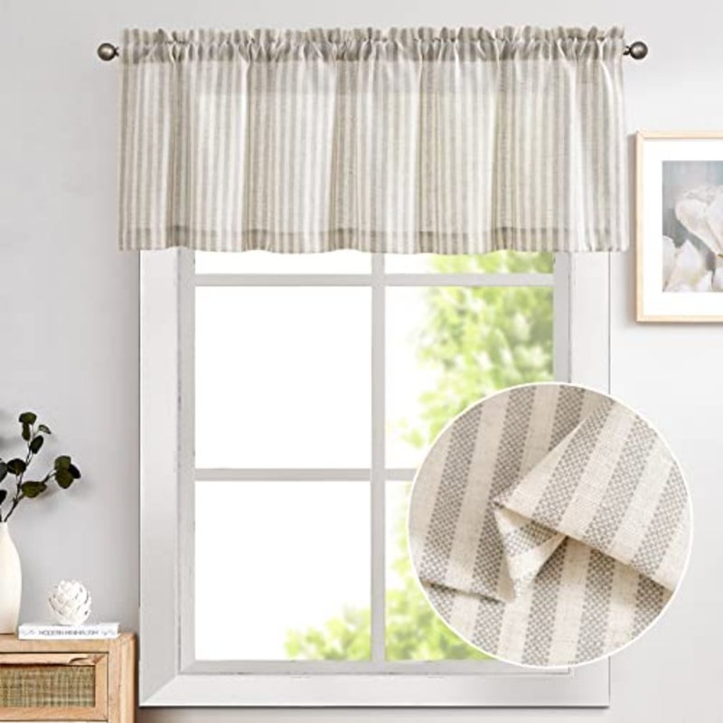Kitchen Valance Linen Blend Stripe Short Curtain Farmhouse Country Rustic Pinstripe Tickingstripe Light Filtering Rod Pocket Window Topper Treatment 18 Inch 1 Panel Grey on Beige - Image 2