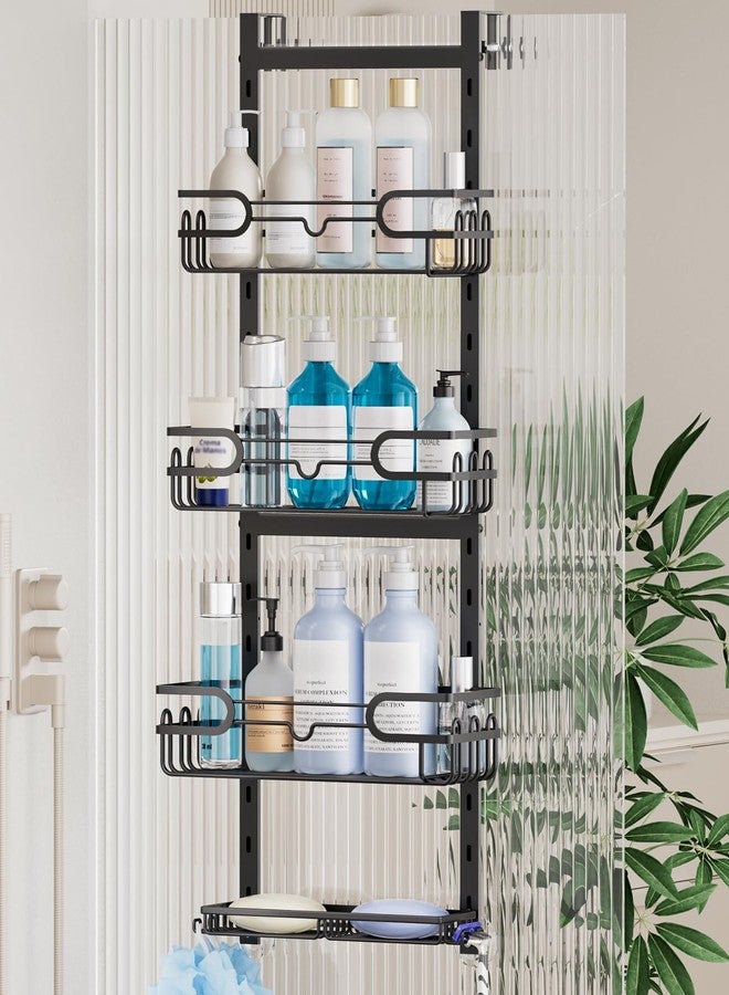 Consumest حامل دش فوق الباب من كونسيماست - رف دش قابل للتعديل ب4 طبقات مع 2 حامل صابون و22 خطاف، رف تخزين معلق سهل التركيب ومقاوم للصدأ للحمام، أسود - Image 1