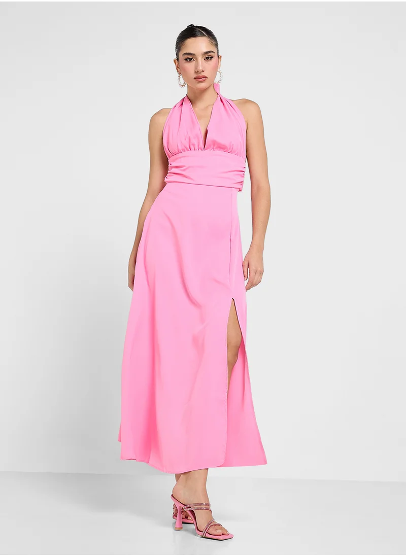 Ginger Halter Neck Satin Dress With Slit