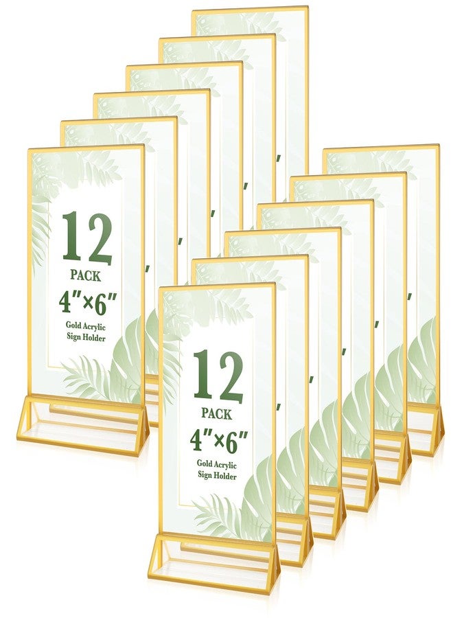 Alffun 12 Pack Gold Acrylic Sign Holders 4x6, Double Sided Vertical Stand Clear Picture Frame Stands, Menu Flyer Holder for Wedding Table Numbers, Restaurant Signs, Party and Office Photos - Image 1