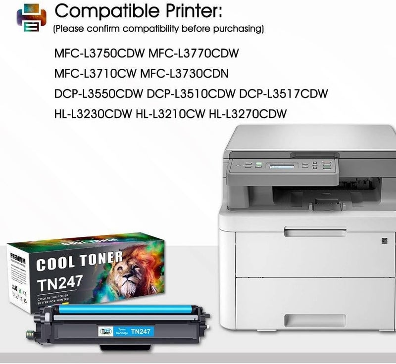 كول تونر حزمة خرطوشات حبر بأسعار معقولة من نوع Cool Toner TN247 وTN-243CMYK، متوافقة مع أجهزة Brother من طرازات TN243، DCP-L3550CDW، DCP-L3510CDW، HL-L3210CW، HL-L3230CDW، MFC-L3750CDW، MFC-L3710CW – الألوان: أسود، أزرق، أصفر، مغناطيسي (5 خرطوشات في الحزمة). - Image 2