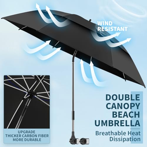 NBtoUS 486 Double Canopy Beach Umbrella with Clamp UPF50 Beach Chair Umbrella with clip 360Adjustable Portable Outdoor Wheelchair Patio Golf CartsCampingBlack - Image 3