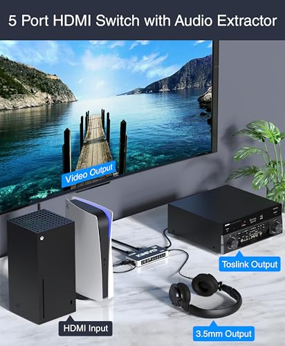 Kinivo HDMI Switch with Audio Extractor 560BNT (5 in 1 Out Hub, Toslink Optical Audio Port, SPDIF, 4K 60Hz Switcher, 18Gbps, IR Remote) - Compatible with Gaming Console, Cable TV, PC, Dolby Digital - Image 2