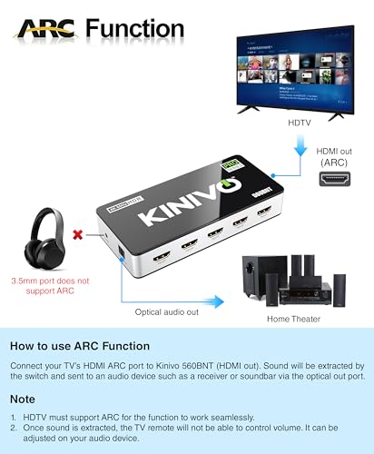 Kinivo HDMI Switch with Audio Extractor 560BNT (5 in 1 Out Hub, Toslink Optical Audio Port, SPDIF, 4K 60Hz Switcher, 18Gbps, IR Remote) - Compatible with Gaming Console, Cable TV, PC, Dolby Digital - Image 5