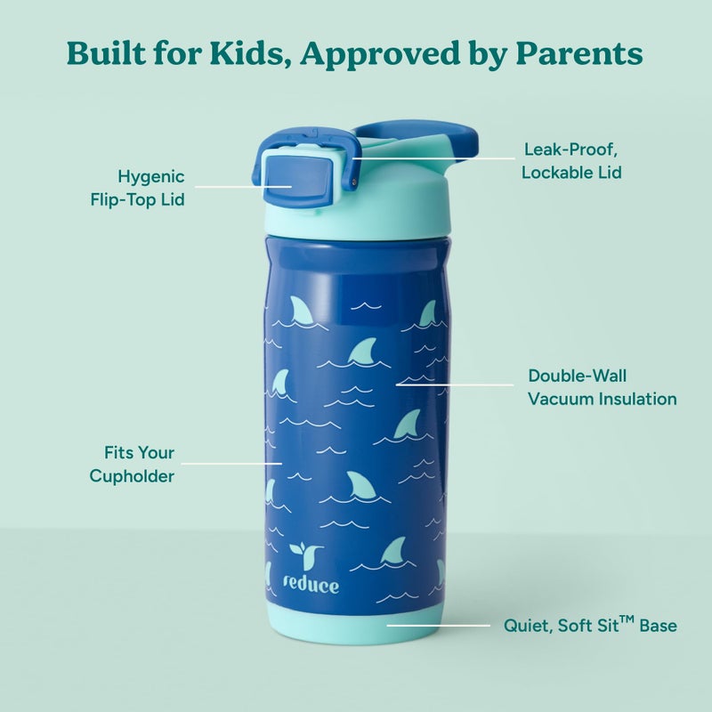 Reduce Hydrate Pro Kids 14oz Stainless Steel Insulated Water Bottle w/Straw â€“ Spill Proof Tumbler for Kids â€“ 30 Hour Cold Retention â€“ Dishwasher Safe Leak-Proof Design - Shark Bait - Image 3