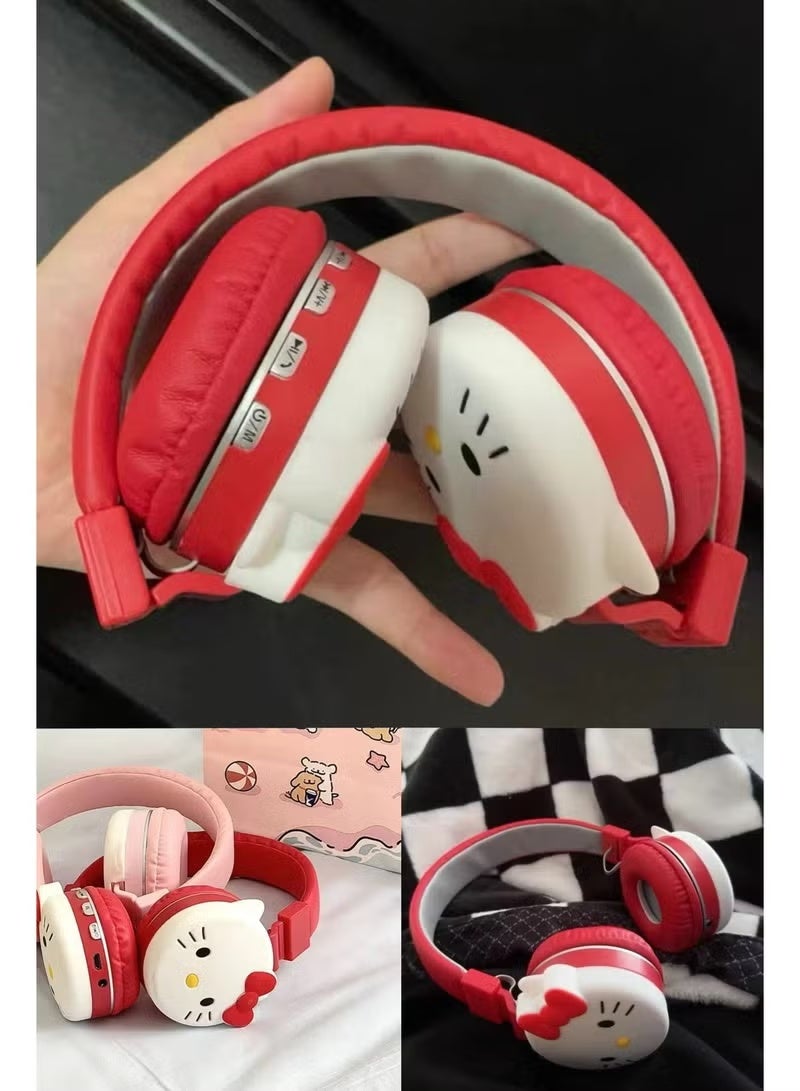 هالو كيتي سماعة اطفال؛لاسلكية  هالو كيتي 【سماعة اطفال 】بتصميم كرتوني لطيف【سماعات اطفال بلوتوث】 للبنات؛ سماعة بلوتوث احمر مريحة وخفيفة مع دعم MP3 وFM - Image 2