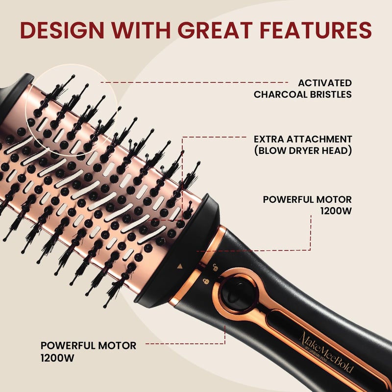 MakeMeeBold 3-in-1 Hot Air Brush | Hair Dryer, Straightener & Volumizer | 1.5-Inch Barrel | 1200W Blow Dryer Brush with Ceramic Coating | For All Hair Types | Gifts for woman (Black - Rose Gold) - Image 5