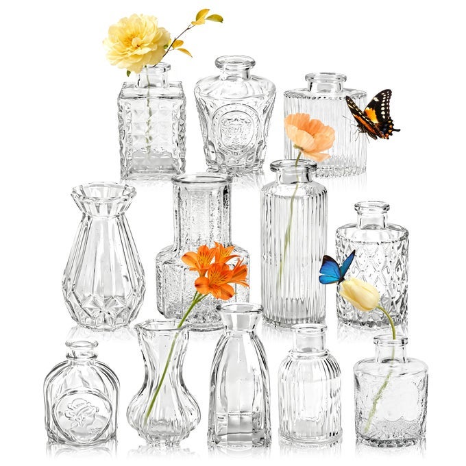 GLASS BUD VASES SET OF 12 SMALL BUD VASES FOR FLOWERS RUSTIC WEDDING CENTERPIECES AND HOME DECOR
