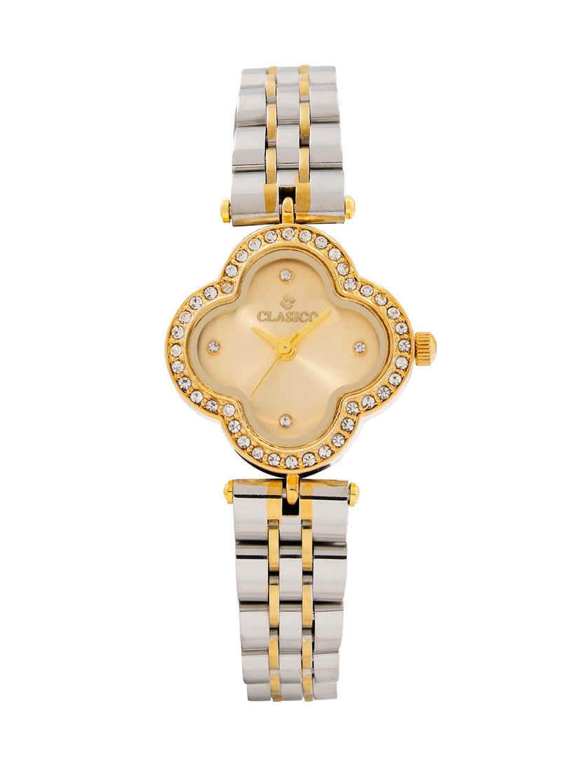 Clasico ساعة سوار ألماس الأنيقة بتصميم ورقة - سوار ثنائي اللون فضي وذهبي، ساعة نسائية عصرية ⏱️✨ - Image 1