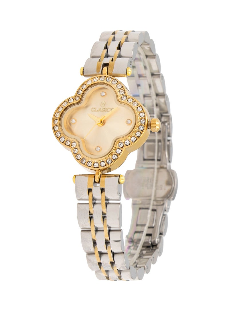 Clasico ساعة سوار ألماس الأنيقة بتصميم ورقة - سوار ثنائي اللون فضي وذهبي، ساعة نسائية عصرية ⏱️✨ - Image 2
