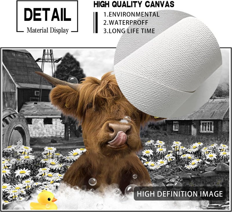 HANKCLES Highland Cow Bathroom Decor Wall Art Funny Bathroom Farm Cow Canvas Print Black And White Cow Bathroom Wall Decor Rubber Duck Cute Cow In Bathtub Wall Art Home Decor For Bathroom Bedroom 12x16 Inch - Image 2