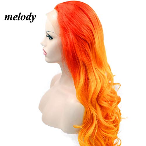 melody wig Orange Ombre Synthetic Lace Front Wigs Red Orange Body Wave Free Part 180 Density Half Hand Tied Heat Resistant Fiber Hair for Women 24 - Image 3