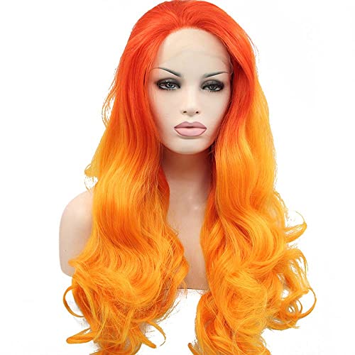 melody wig Orange Ombre Synthetic Lace Front Wigs Red Orange Body Wave Free Part 180 Density Half Hand Tied Heat Resistant Fiber Hair for Women 24 - Image 1
