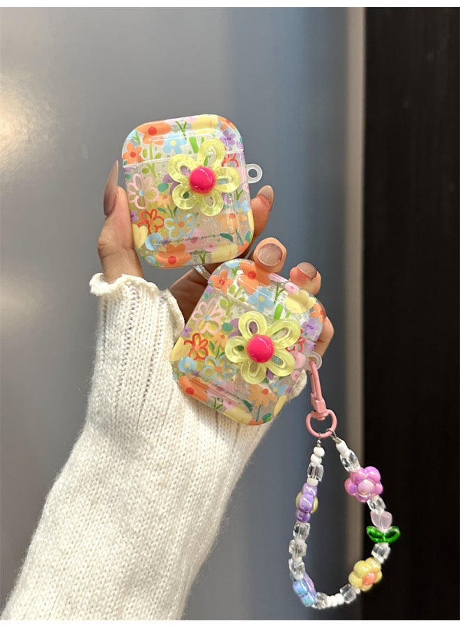 Three-dimensional Flower For Airpods4 For Apple Bluetooth Wireless Earphone Case Flip 3 Generation Pro2 Cute Small Fresh-Color:Three-dimensional Flower Earphone Cover + Chain-Applicable Models:Airpods 4  - Image 1