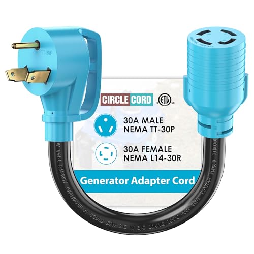 CircleCord NEMA TT-30P to L14-30R Adapter Cord, 30 Amp 3 Prong to 4 Prong Generator Plug Adapter, Generator Transfer Switch Adapter, Generator to House Inlet Box, STW 10 AWG Blue, ETL Listed - Image 1