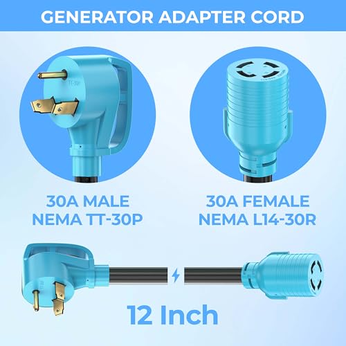 CircleCord NEMA TT-30P to L14-30R Adapter Cord, 30 Amp 3 Prong to 4 Prong Generator Plug Adapter, Generator Transfer Switch Adapter, Generator to House Inlet Box, STW 10 AWG Blue, ETL Listed - Image 2