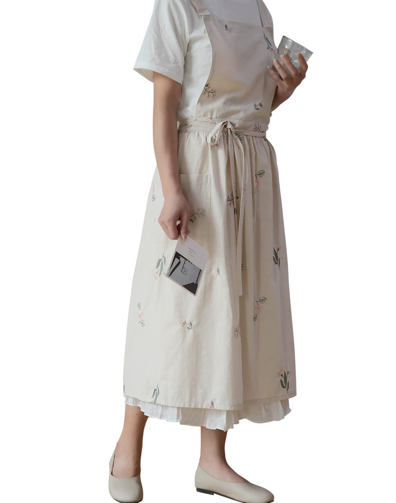 FADUOFA Japanese Cotton Linen Cross Back Apron for Women with Pockets,Fashion Pinafore Dress with Waist Ties… - Image 5