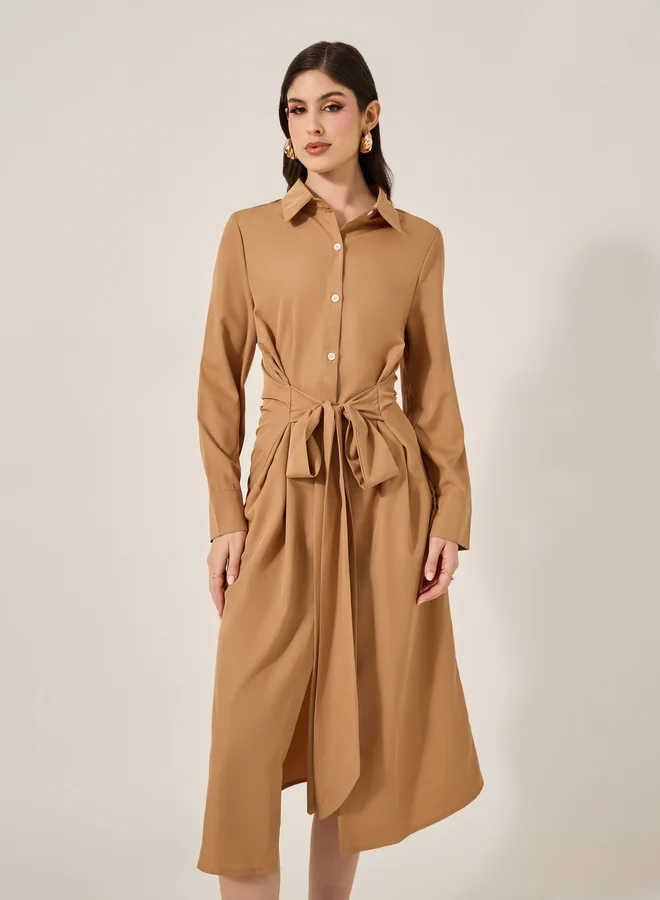 Styli Belted Shirred Dress