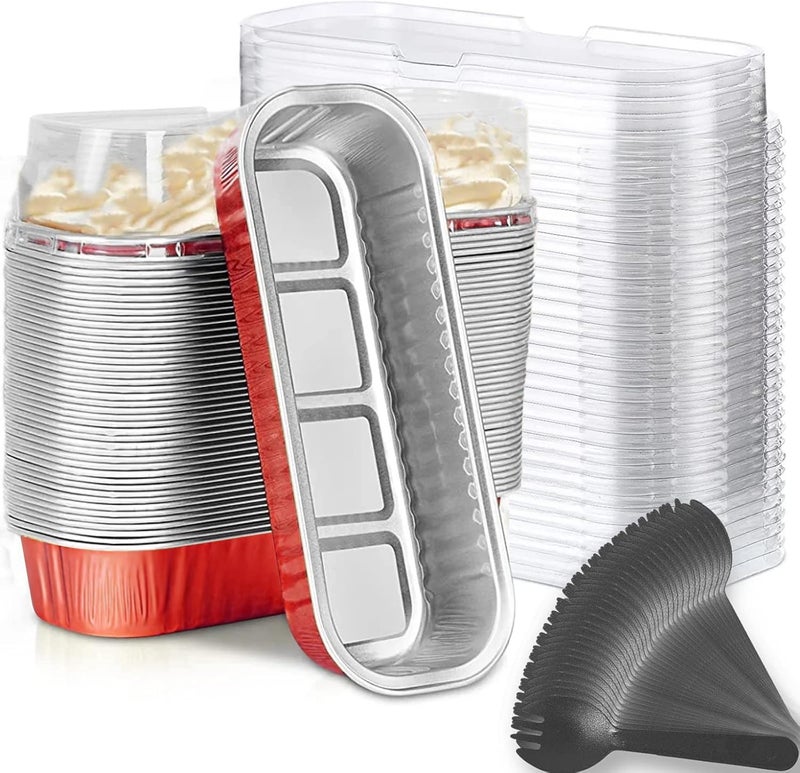 Findful Mini Loaf Baking Pans with Lids and Spoons (50 Pack, 6.8oz) Rectangle Aluminum Foil Baking Pans Tins Containers - Cupcake Containers Wrappers Cheesecake Creme Brulee Ramekins - Image 1