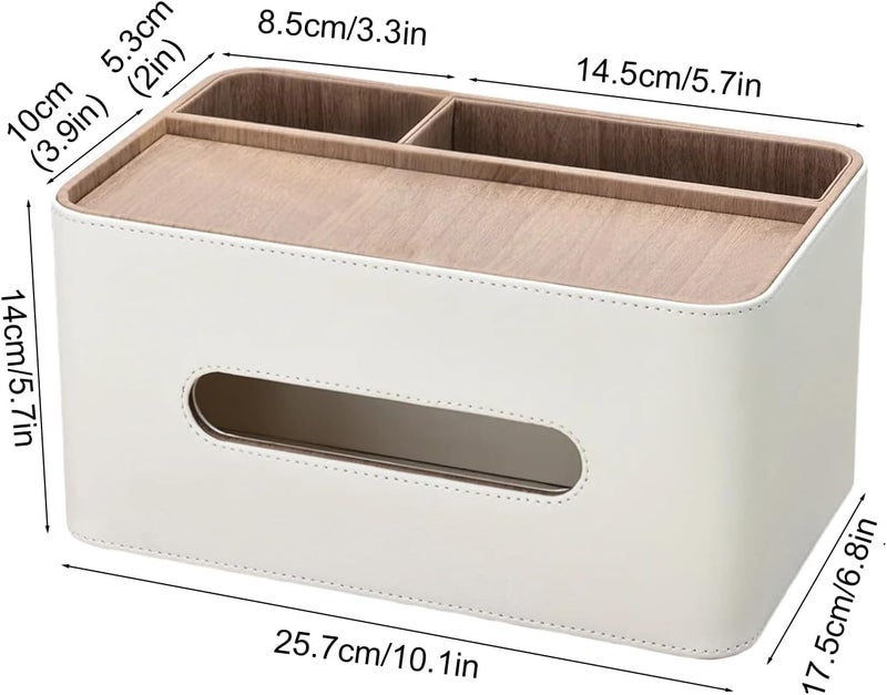 KINGFOM PU Leather Tissue Box Cover Rectangular with Storage Organizer, Multifunctional Remote Control Holder, Desk Organizer for Living Room, Bedroom, Office, Decorative Tissue Holder with Compartments Beige - Image 2