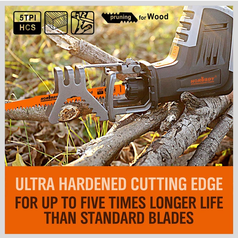 HORUSDY 5-Pack 12-Inch Wood Pruning Reciprocating Saw Blades, 5TPI HCS Carbon Steel Sawzall Blades for Fast Cutting Green Wood, Branches & Plastic - Includes Storage Case - Image 4