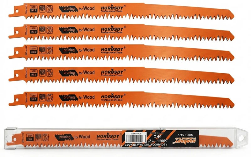 HORUSDY 5-Pack 12-Inch Wood Pruning Reciprocating Saw Blades, 5TPI HCS Carbon Steel Sawzall Blades for Fast Cutting Green Wood, Branches & Plastic - Includes Storage Case - Image 1