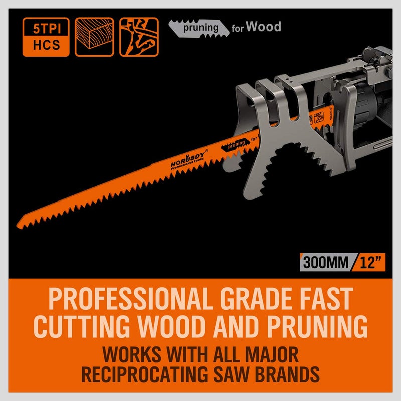 HORUSDY 5-Pack 12-Inch Wood Pruning Reciprocating Saw Blades, 5TPI HCS Carbon Steel Sawzall Blades for Fast Cutting Green Wood, Branches & Plastic - Includes Storage Case - Image 3