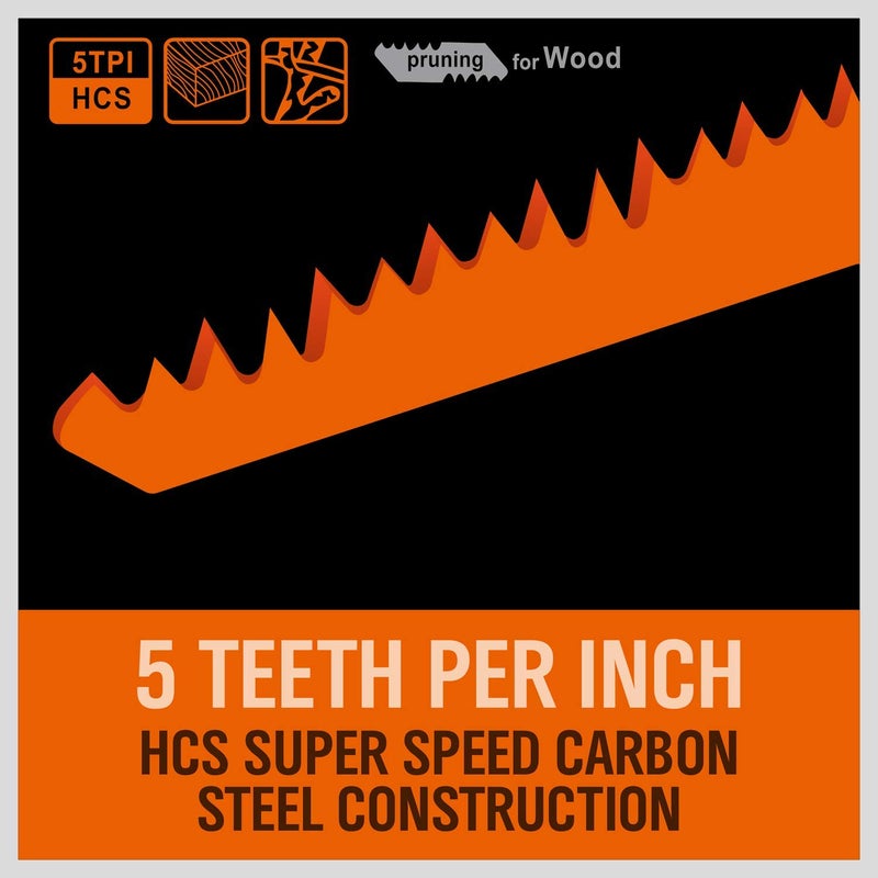 HORUSDY 5-Pack 12-Inch Wood Pruning Reciprocating Saw Blades, 5TPI HCS Carbon Steel Sawzall Blades for Fast Cutting Green Wood, Branches & Plastic - Includes Storage Case - Image 2