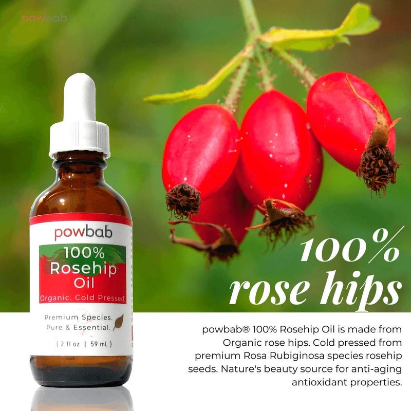 powbab 100% Rosehip Oil - Organic, Cold Pressed from Premium Rosa Rubiginosa Rosehip Seed. Face and Body Oil for Skin, Hair, Nail Repair. Raw Pure E Oil for Scars. Wild, Fair Trade - 2 oz. - Image 2