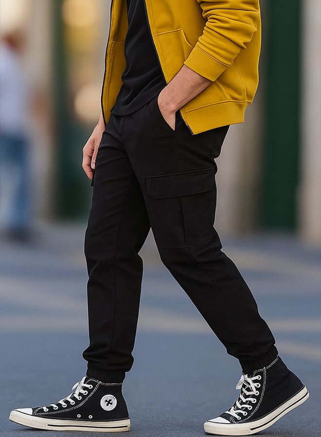 trendyol Black Jogger Cargo Pocket Gabardine Fabric Comfortable Cotton Trousers - Image 1