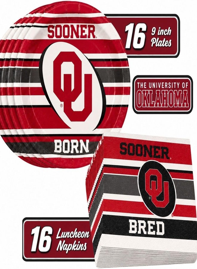 Havercamp Oklahoma Sooners Party for 16 Guests - 16 ea. 10-Inch Plates and Napkins - OU Game Day Birthday & Graduation Party Supplies, Crimson & White University of Oklahoma Theme Decorations - Image 1