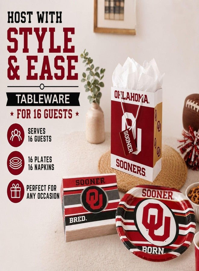 Havercamp Oklahoma Sooners Party for 16 Guests - 16 ea. 10-Inch Plates and Napkins - OU Game Day Birthday & Graduation Party Supplies, Crimson & White University of Oklahoma Theme Decorations - Image 2