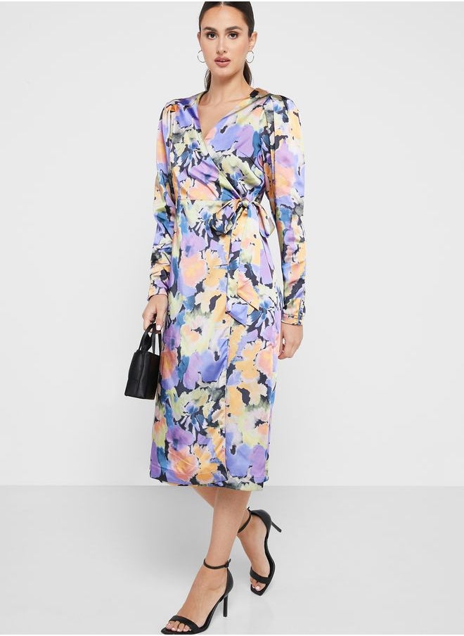 YAS - Floral Print Surplice Neck Dress - Image 1