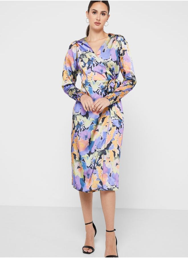 YAS - Floral Print Surplice Neck Dress - Image 1