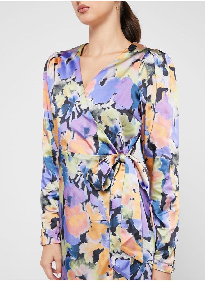YAS - Floral Print Surplice Neck Dress - Image 1