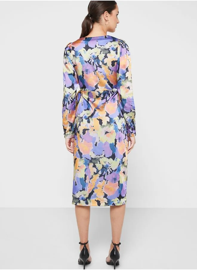 YAS Floral Print Surplice Neck Dress