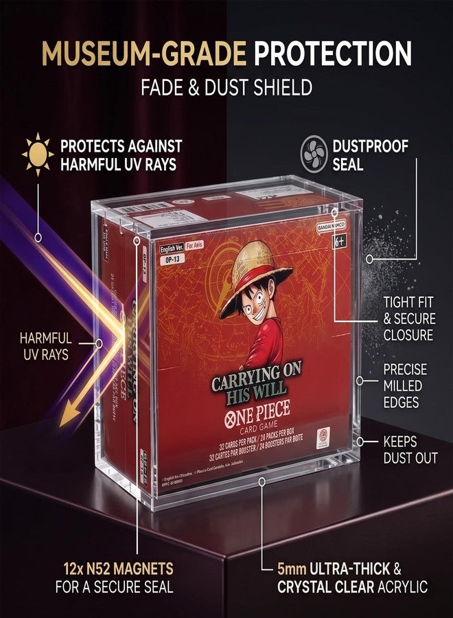 VINJKZQ One Piece Booster Box Acrylic Display Case, 5mm Thick Clear TCG Protector with 12 Strong Magnets & UV Protection, Compatible with English One Piece OP-04 to OP-16 Booster Box - Image 5