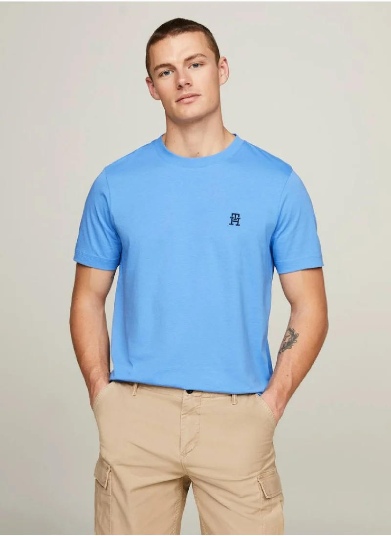 TOMMY HILFIGER Men's Th Monogram Embroidery Featuring a Crew Neck T-Shirt -  Pure cotton, Blue