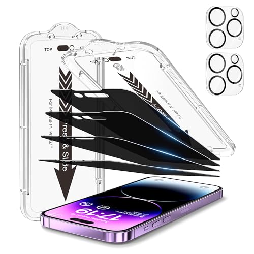 EZ-GLAZ-4+2 Pack for iPhone 14 Pro Privacy Screen Protector[6.1 inches] With Camera Lens Protector, [Drop Protection] 9H Hardness Full Coverage Anti-Spy Tempered Glass Film, Easy to install - Image 1