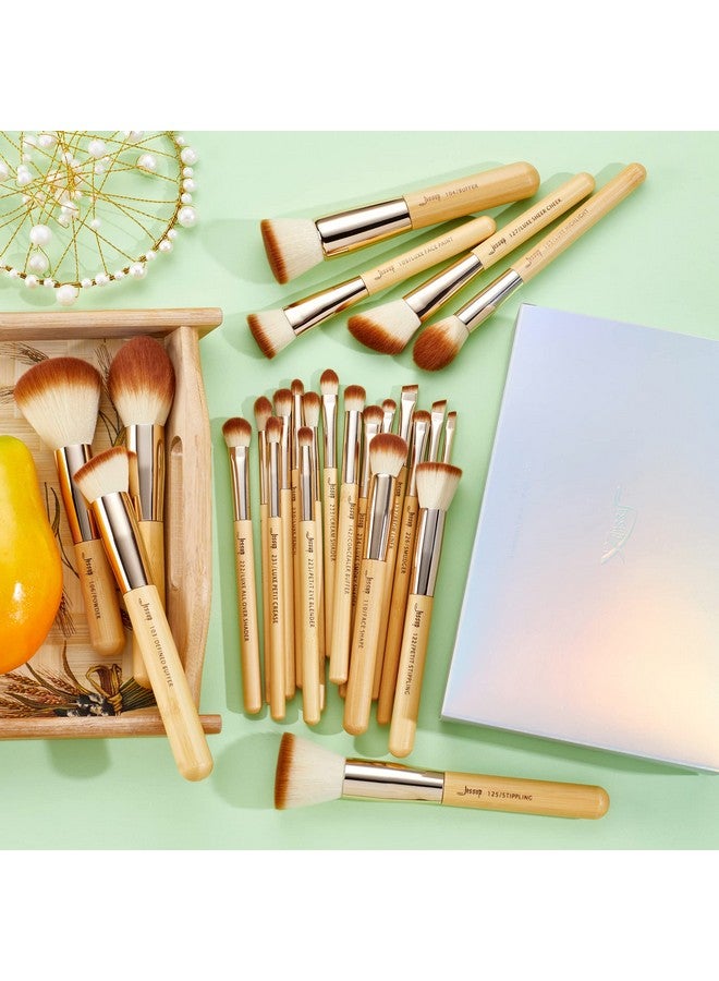 جيساب مجموعة فرش مكياج احترافية من الخيزران، 25 قطعة من فرش المكياج الاصطناعية الفاخرة لبودرة الأساس والكونسيلر وأحمر الخدود ومزج العيون T135