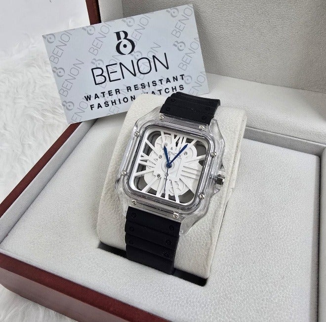 The Benon men's watch features a Santos-inspired design, a transparent bezel, and a black silicone strap.