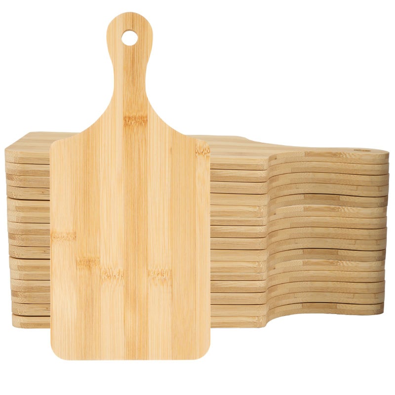 WAYASDCU 25 PCS Bulk Cutting Boards Mini Charcuterie Boards Bulk Wood Chopping Board Laser Engraving Serving Board with Handle Charcuterie Boards for Pizza, Bread, Cheese, Charcuterie, Fruit 11" x 5" Bamboo - Image 1