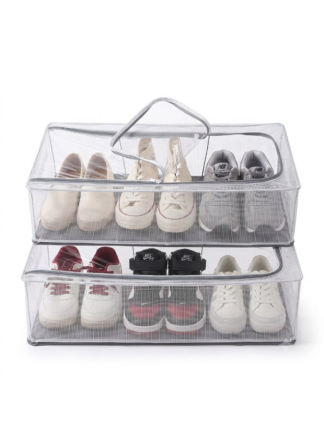 Clear Stackable Shoe Storage Box, Foldable Under Bed Organizer, Grey, Pack of 2 - Image 1