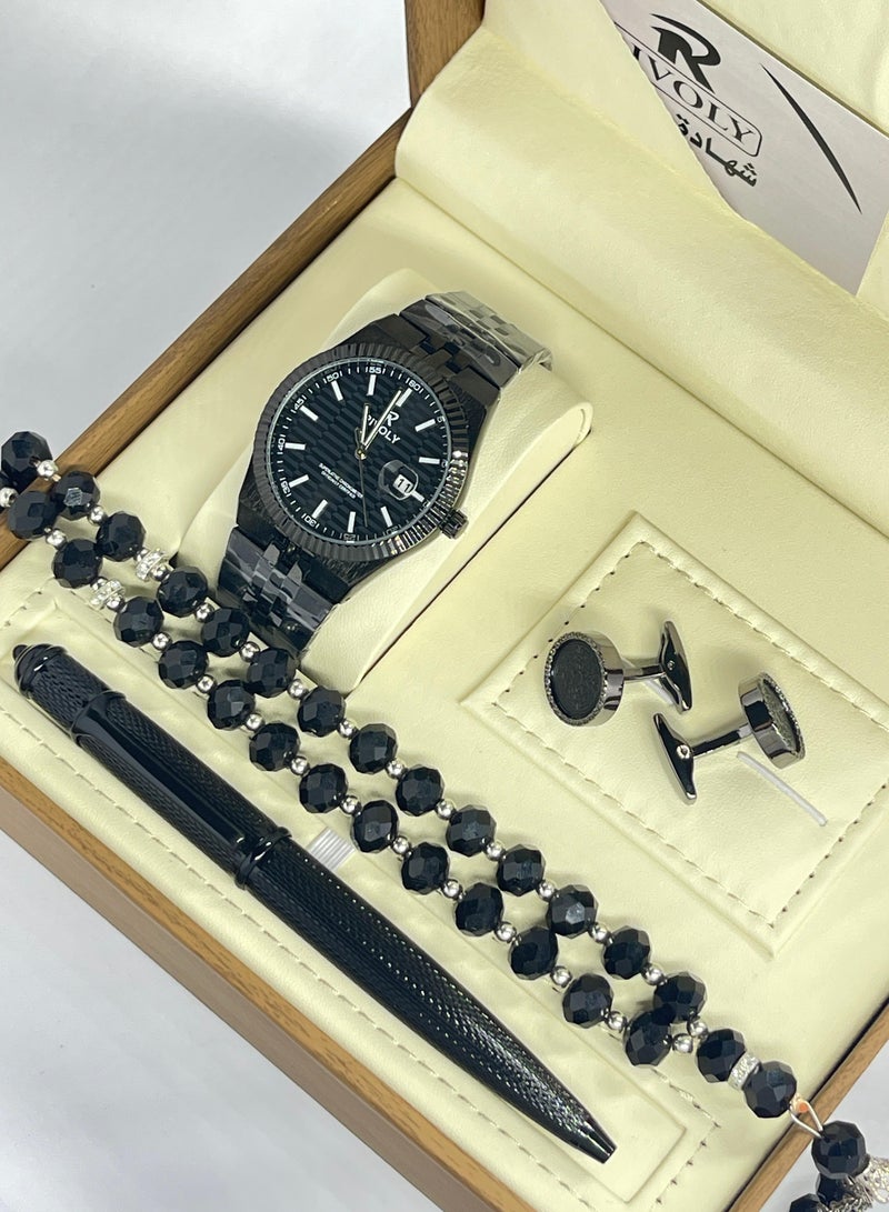 RR A wonderful stainless steel men's set consisting of a watch, a rosary, a pen and cufflinks half steel