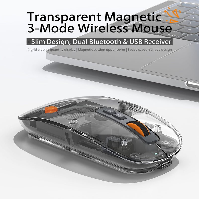 FMOUSE Sleek Transparent Magnetic Wireless Mouse - 3-Mode Connectivity (Dual Bluetooth + USB), DPI Adjust & One-Key Desktop Access, for MacBook/pc/iPad/Laptop (Grey) - Image 2